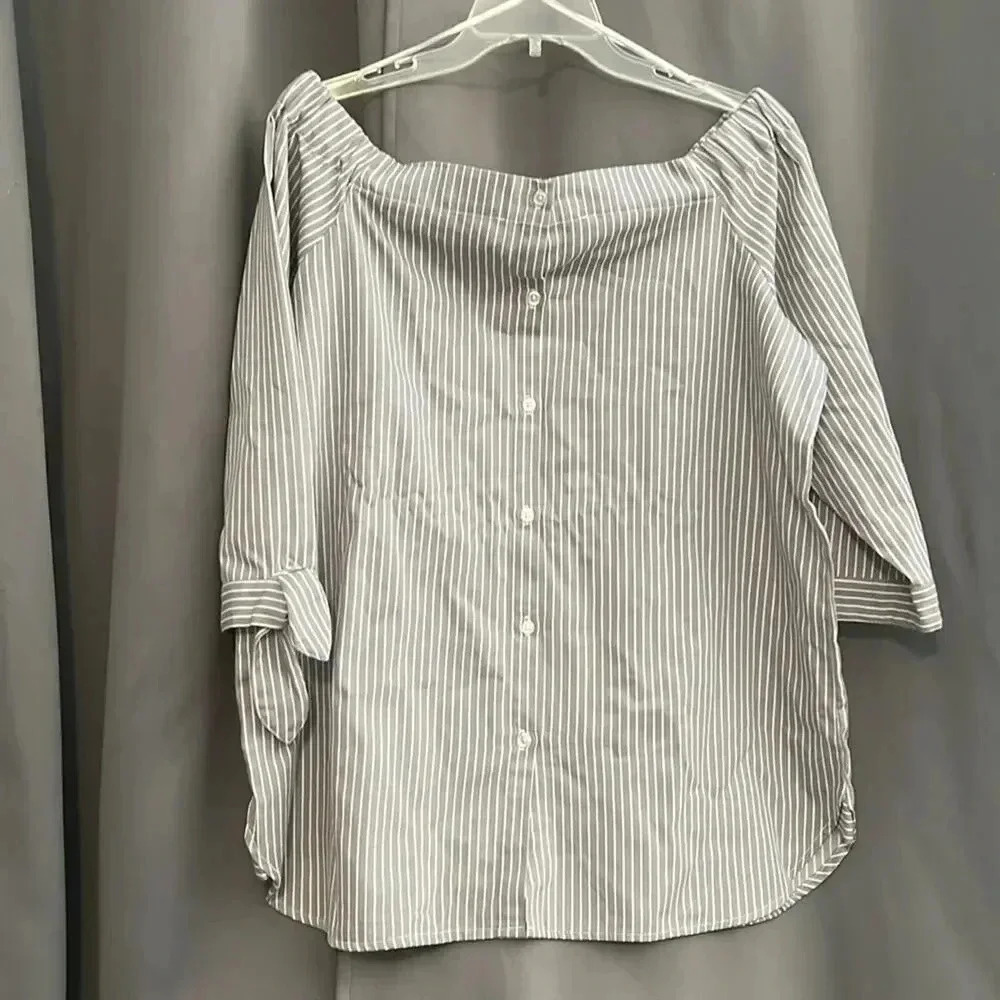 Oklahoma Sooners Women's XL Gray Striped Off-Shoulder Blouse 3/4 Sleeve - Picture 4 of 4